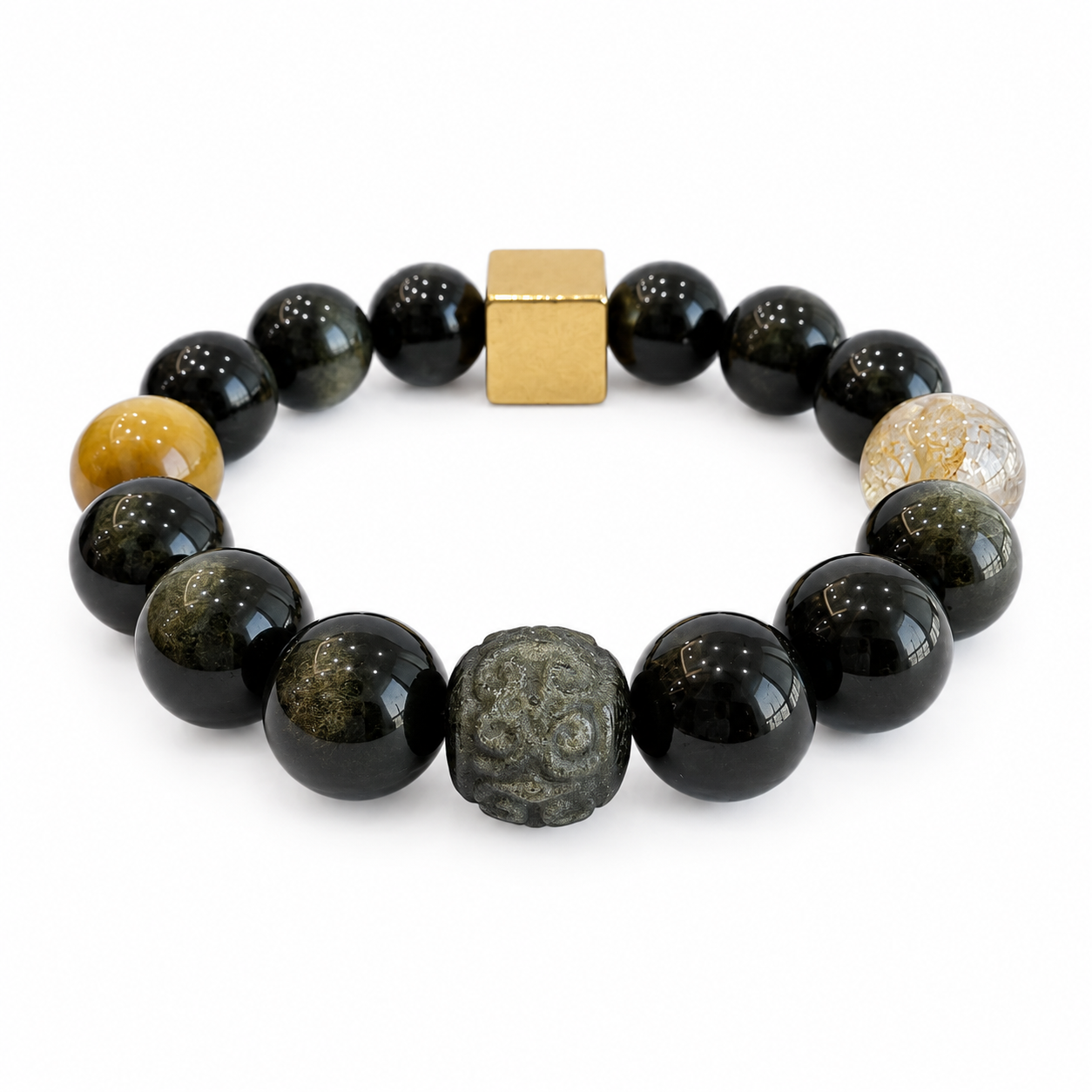 Black & Gold NFC Obsidian Bracelet for Men | Rainbow Obsidian - Image 4